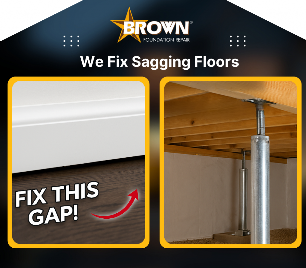 showing Sagging Floor and it's fix by Brown Foundation Repair