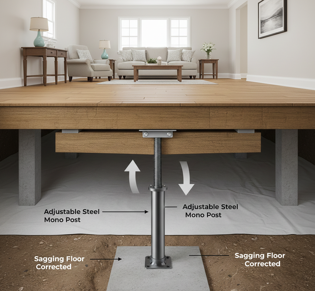 Graphical illustration of a steel mono post installed beneath a wooden beam in a crawl space, resting on a concrete footing to provide concentrated, adjustable support.