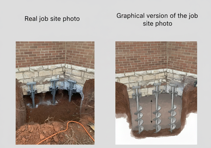 Close-up view of helical piers being installed underneath a residential house and a sketch version by Brown Foundation Repair in DFW area.