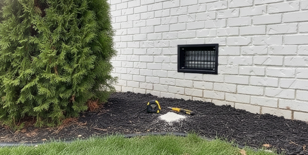 Close-up of a new masonry crawl space vent installed cleanly in a foundation wall, providing passive natural airflow for moisture control in a Dallas-area home.
