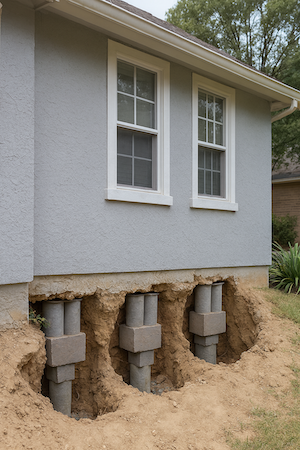 Close-up photograph of Brown foundation repair crew installing concrete pressed pilings. A large hydraulic ram is visible pressing the pre-cast concrete cylinder sections into the ground directly under the home's concrete footing.