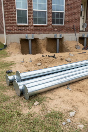 Heavy-duty steel piers (or push piles) lying ready for installation, used to stabilize house foundations by Brown Foundation Repair in Dallas