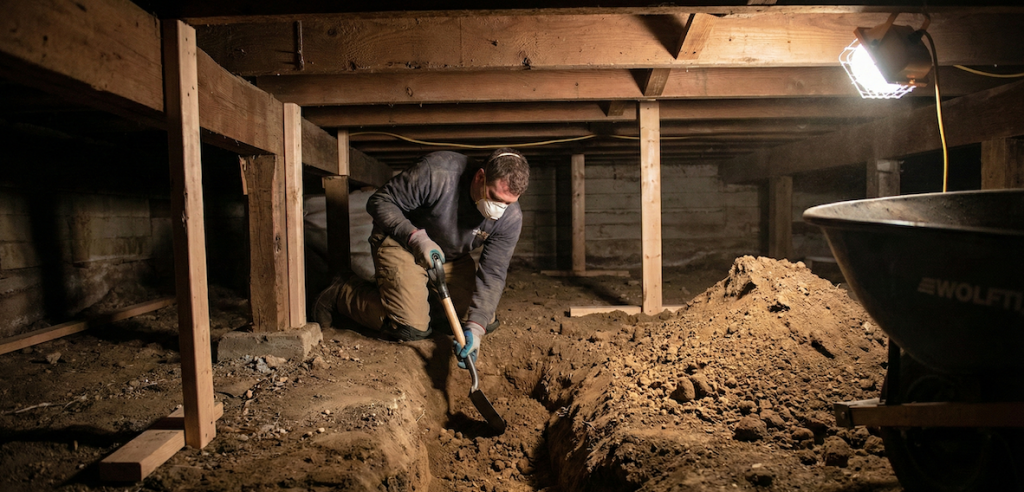 Brown Foundation's excavation process to trench dug in the dirt under a house, showing the depth of excavation required for foundation access.