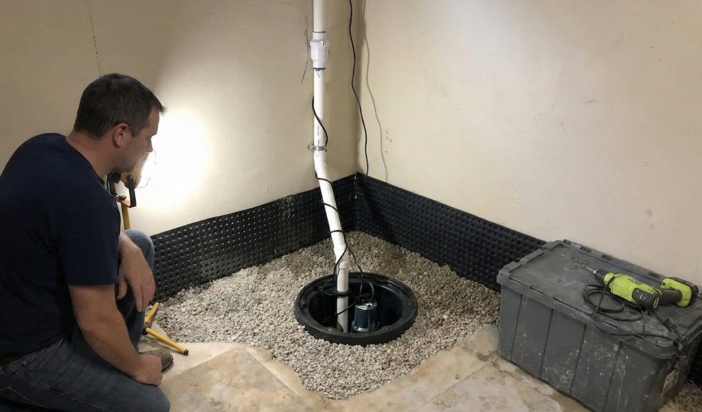 Sump pump system installed by Brown Foundation against a wall to manage standing water and keep the crawl space or basement dry.