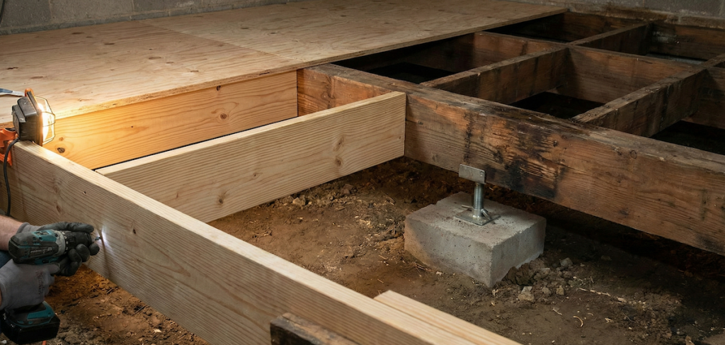 Brown Foundation's technician uses a drill to install new wood joists and subfloor panels in a crawl space, replacing damaged lumber. Old wood beams, a concrete support pier, and a work light are also visible.